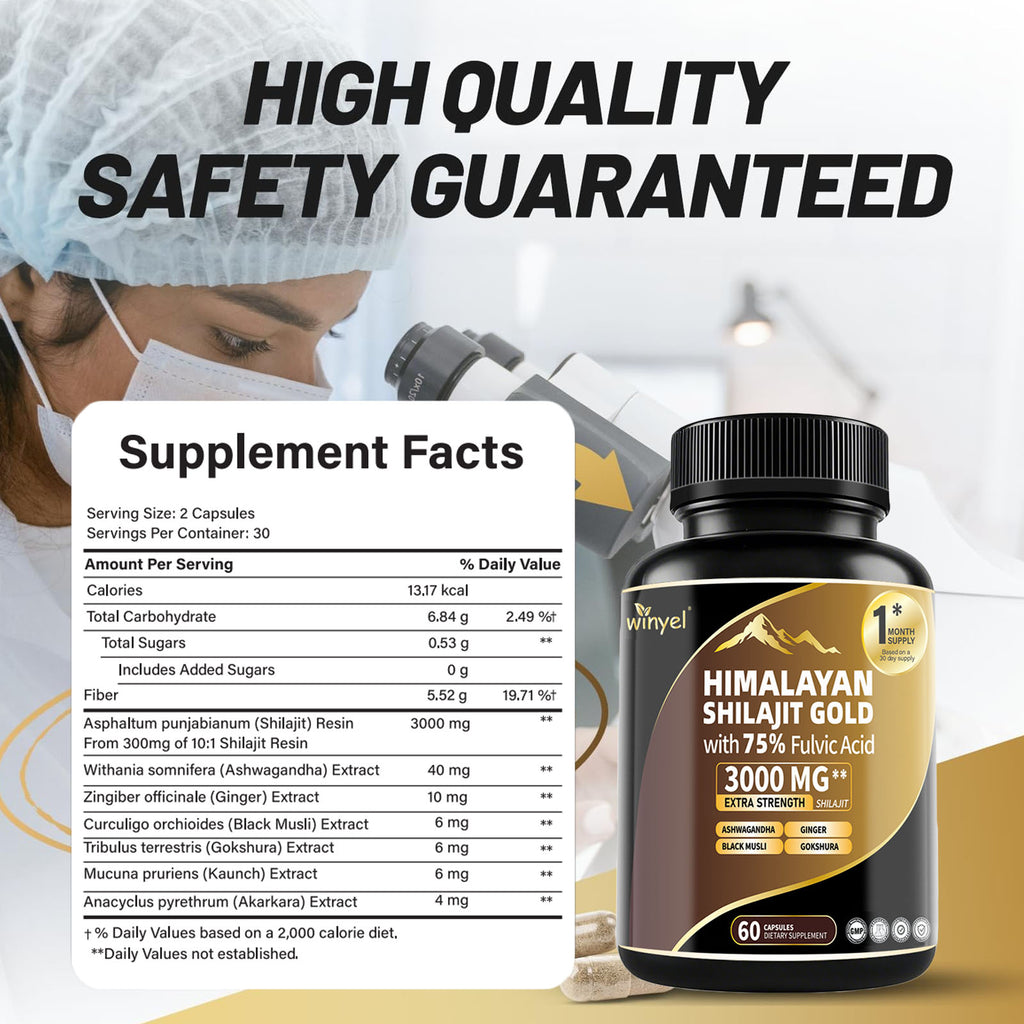 Shilajit Capsules, Ashwagandha, Gokshura, 85 Trace Minerals, High Potency Gold Grade Himalayan Shilajit Supplements, 60 Capsules For Women And Men