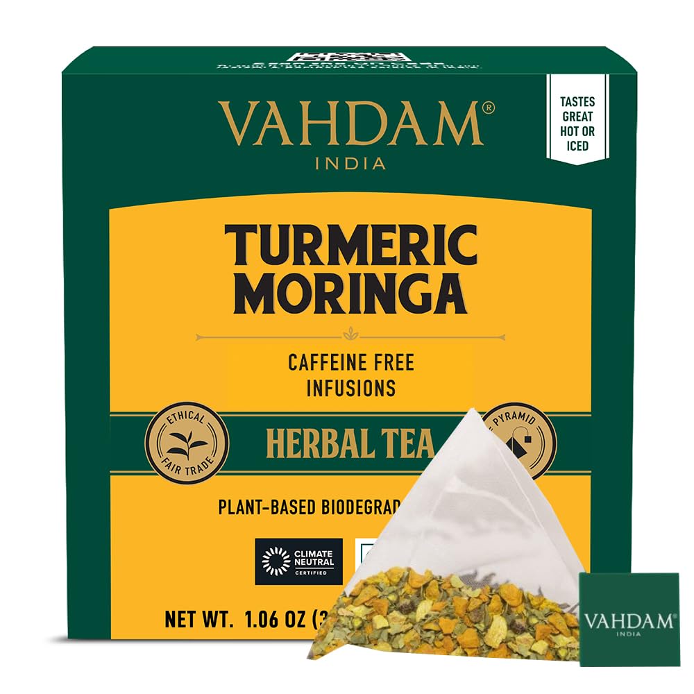 VAHDAM, Turmeric Moringa Tea Bags (100 Herbal Tea Bags) Caffeine Free, Non GMO | 100% Pure Herbal Blend - Sweet & Earthy | Resealable Ziplock Pouch