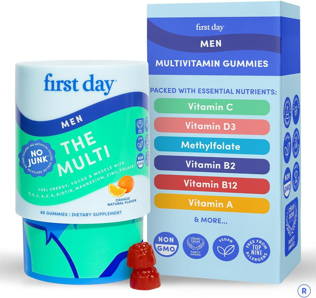 FIRST DAY Multivitamin for Men + Organic Fruit & Veggie Blend, Mens Multivitamins Gummies with 13 Key Nutrients for Energy, Focus, Immunity - Vitamins A, B1, B2, B6, B9, B12, C, D3, K - 30 Day Supply