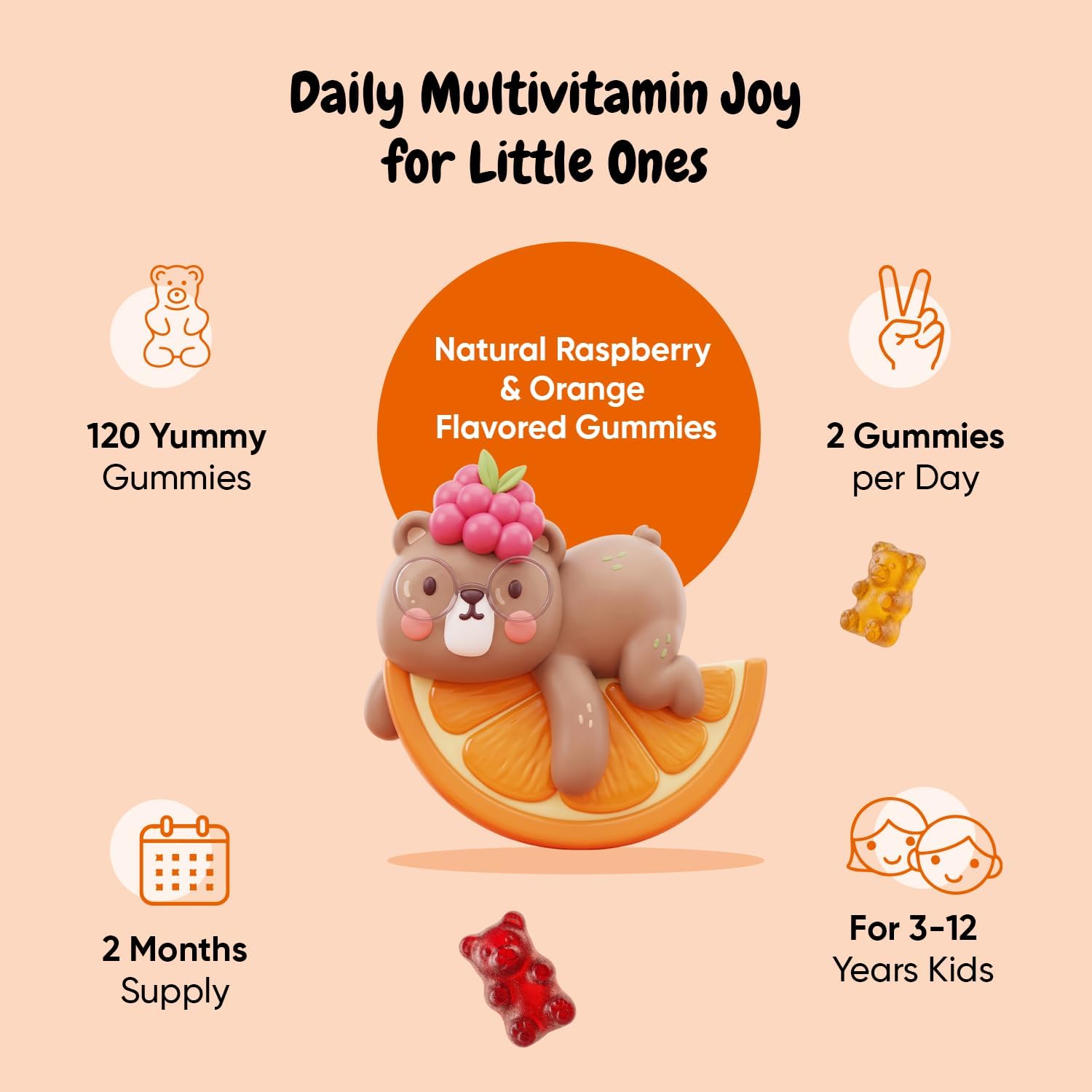 maxmedix Kids Multivitamin Gummies with Omega 3 6 9 | 20 Key Vitamins C, A, D, E, B12 & Zinc - Daily Multivitamin for kids Healthy Immune System, Raspberry & Orange Flavors, 2-Month Supply (120 Count)