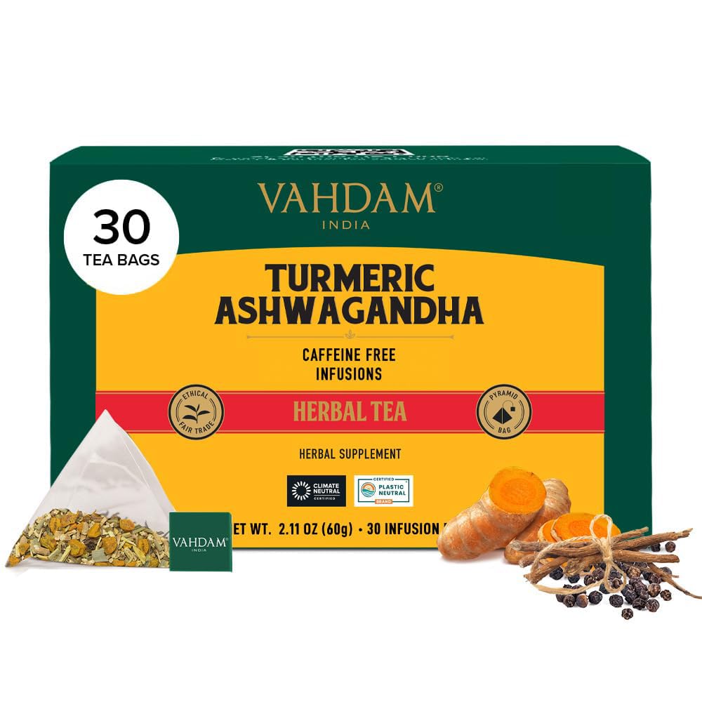 VAHDAM, Turmeric Moringa Tea Bags (100 Herbal Tea Bags) Caffeine Free, Non GMO | 100% Pure Herbal Blend - Sweet & Earthy | Resealable Ziplock Pouch