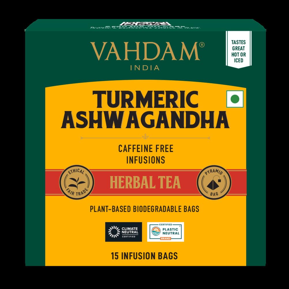 VAHDAM, Turmeric Moringa Tea Bags (100 Herbal Tea Bags) Caffeine Free, Non GMO | 100% Pure Herbal Blend - Sweet & Earthy | Resealable Ziplock Pouch