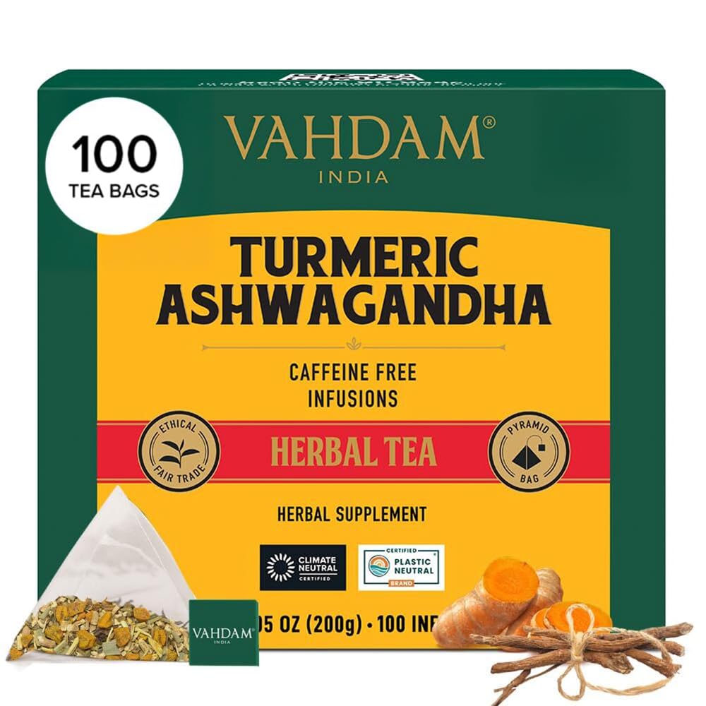 VAHDAM, Turmeric Moringa Tea Bags (100 Herbal Tea Bags) Caffeine Free, Non GMO | 100% Pure Herbal Blend - Sweet & Earthy | Resealable Ziplock Pouch