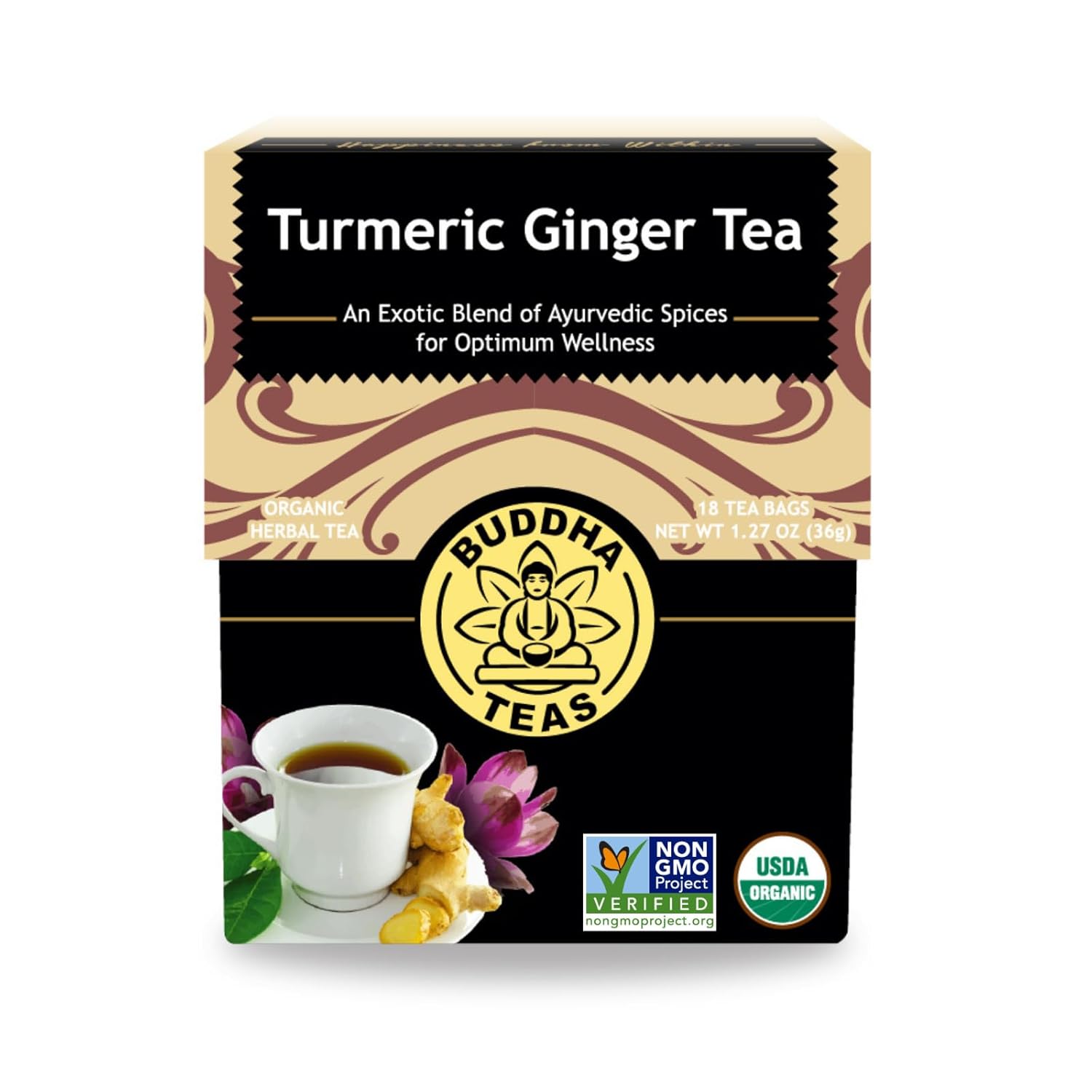 Buddha Teas - Organic Turmeric Ginger Tea - Herbal Tea - Earthy, Mildly Spicy Taste & Sweet Undertones - Enjoy Hot or Cold - Caffeine Free - 100% Kosher & Non-GMO - 18 Tea Bags (Pack of 1)
