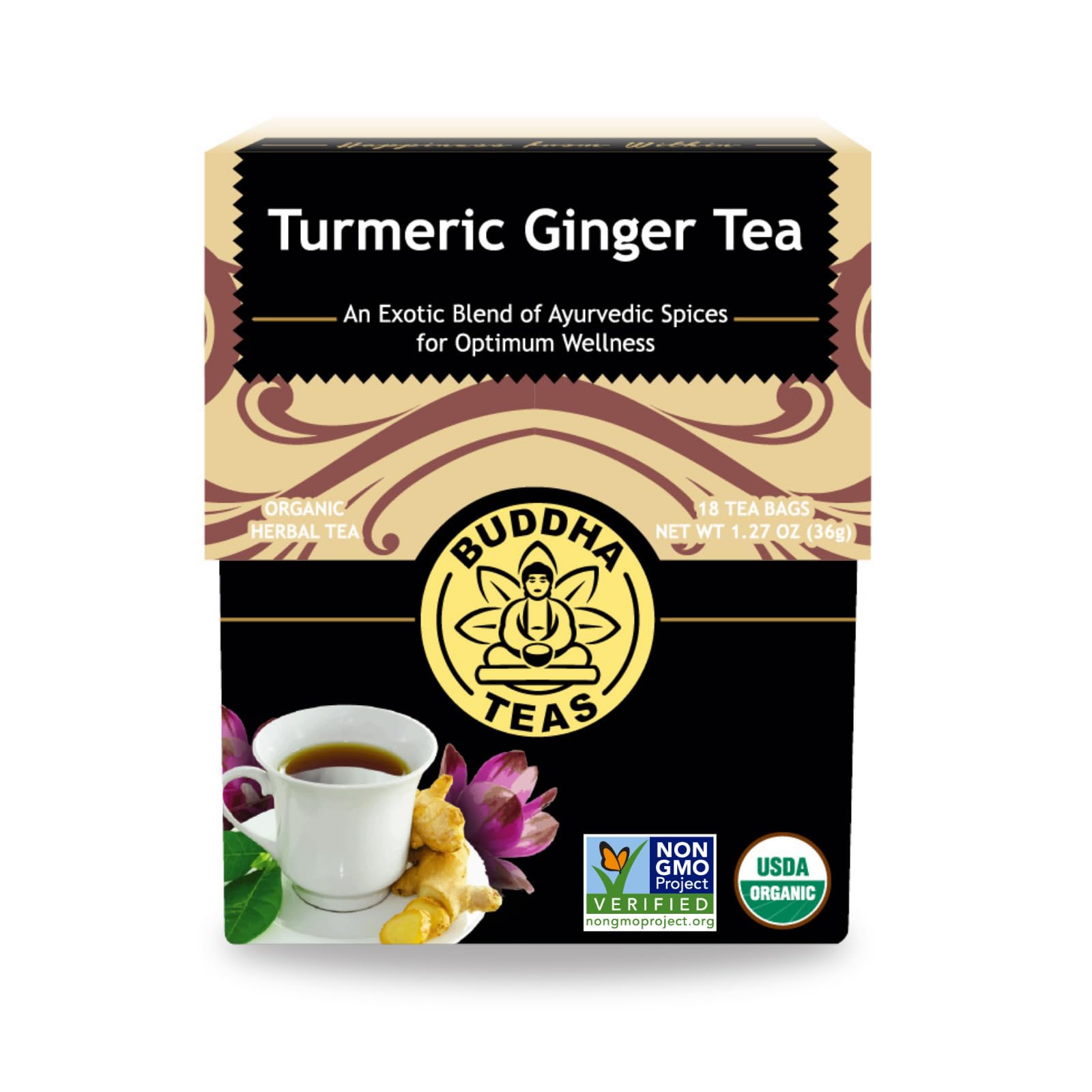 Buddha Teas - Organic Turmeric Ginger Tea - Herbal Tea - Earthy, Mildly Spicy Taste & Sweet Undertones - Enjoy Hot or Cold - Caffeine Free - 100% Kosher & Non-GMO - 18 Tea Bags (Pack of 1)
