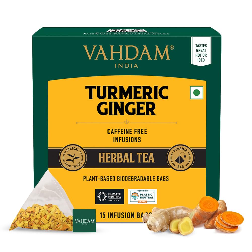 VAHDAM, Turmeric Moringa Tea Bags (100 Herbal Tea Bags) Caffeine Free, Non GMO | 100% Pure Herbal Blend - Sweet & Earthy | Resealable Ziplock Pouch