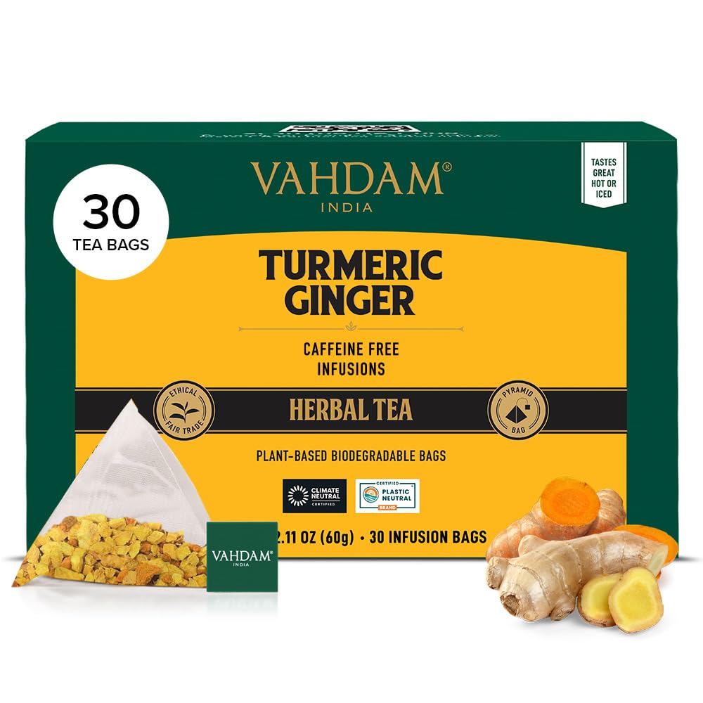 VAHDAM, Turmeric Moringa Tea Bags (100 Herbal Tea Bags) Caffeine Free, Non GMO | 100% Pure Herbal Blend - Sweet & Earthy | Resealable Ziplock Pouch