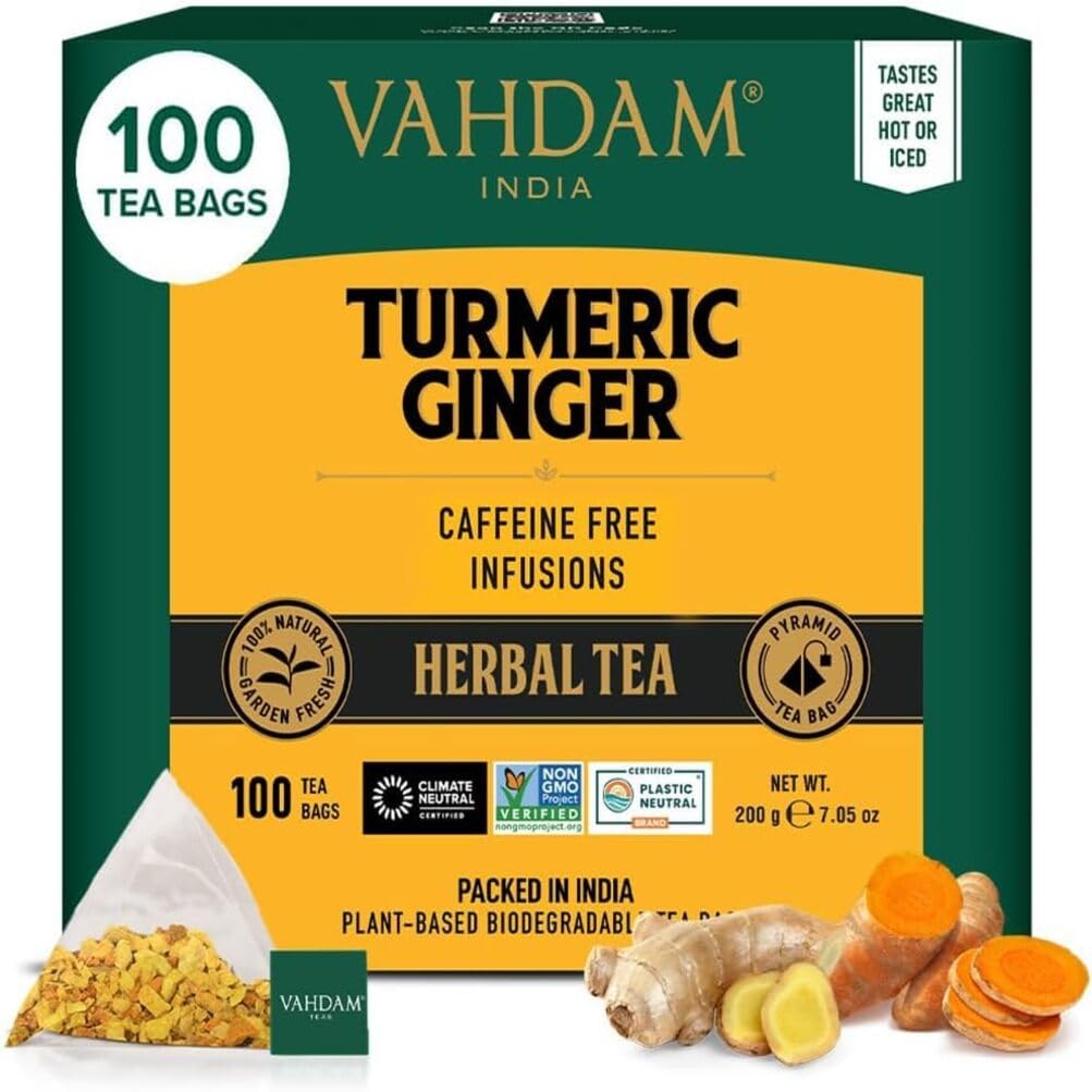 VAHDAM, Turmeric Moringa Tea Bags (100 Herbal Tea Bags) Caffeine Free, Non GMO | 100% Pure Herbal Blend - Sweet & Earthy | Resealable Ziplock Pouch