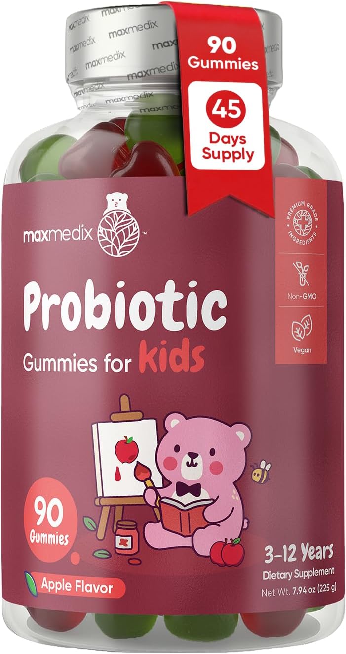 maxmedix Kids Probiotics Gummies | Prebiotic + Probiotics for Kids - 1 Billion CFU & Inulin (45-Day Supply) | 90 Children Synbiotic Gummies | Natural Apple Flavor | Vegan, Non-GMO