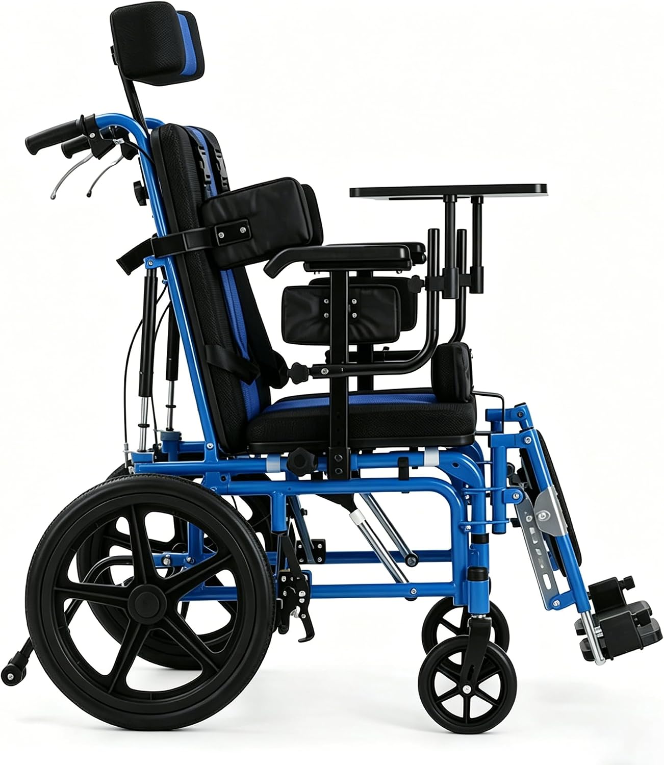 Full Reclining Pediatric Wheelchair – Heavy Duty Folding Kids Wheelchair with Headrest, Meal Tray & Elevating Footrest, Medical Mobility Chair for Home, Travel & Rehabilitation (Blue)