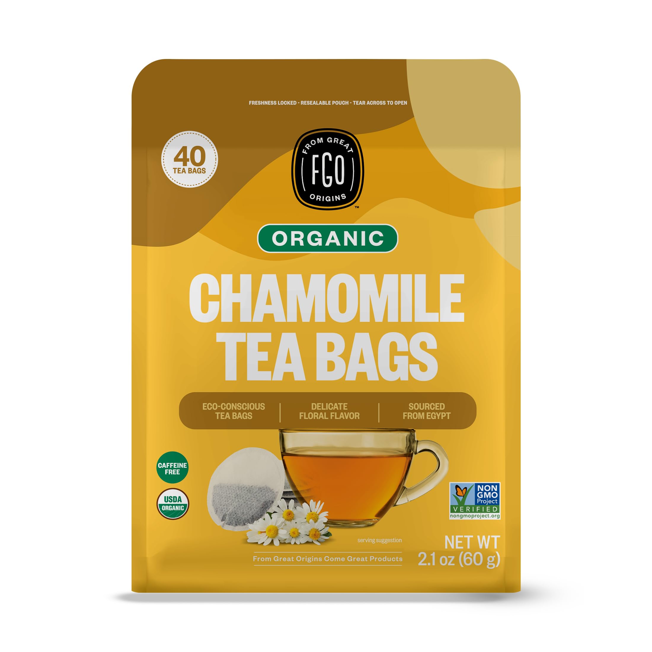 FGO Organic Chamomile Tea, 100 Count, Eco-Conscious Tea Bags, Resealable Bag, Packaging May Vary (Pack of 1)