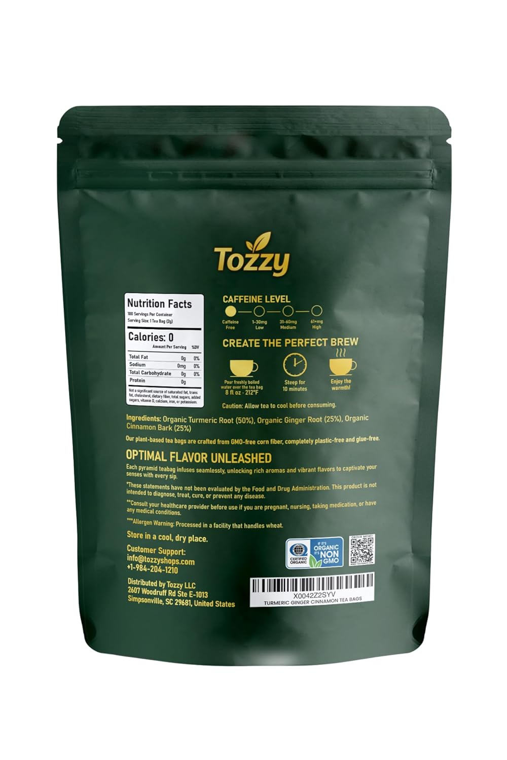 Tozzy Organic Turmeric,Ginger & Cinnamon Tea – 100 Count, Plant-Based Pyramid Tea Bags – Packaging May Vary