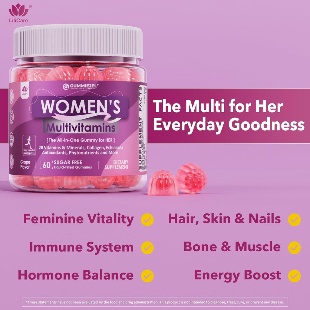 Womens Multivitamin Gummy, Methylated Multivitamin for Women, GLP-1 Friendly, Biotin, Iron, Collagen, Methylfolate, B Complex, Women's Complete Support, Hair Skin and Nails Vitamins, No Sugar, 60 Cts