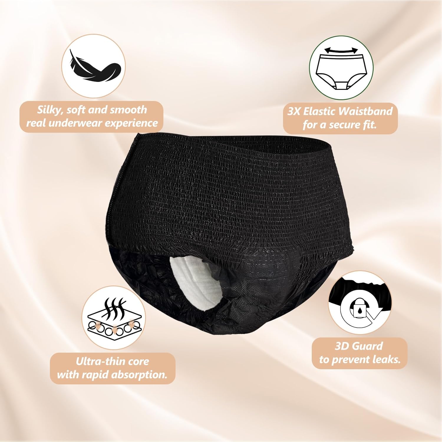 MOLLIS Disposable Period Underwear for Women, Postpartum Panties, Maternity Knickers Heavy Flow Leak Proof, Black, Large/X-Large, 8 Count