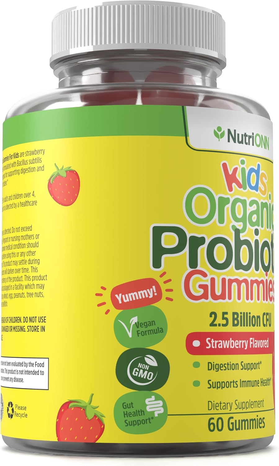NutriONN Organic Kids Probiotic Gummies - USDA Organic Chewable Probiotics for Kids - 60 Delicious Gummies - Child Digestive, Immune Support & Gut Health Supplement - Vegan & Non-GMO