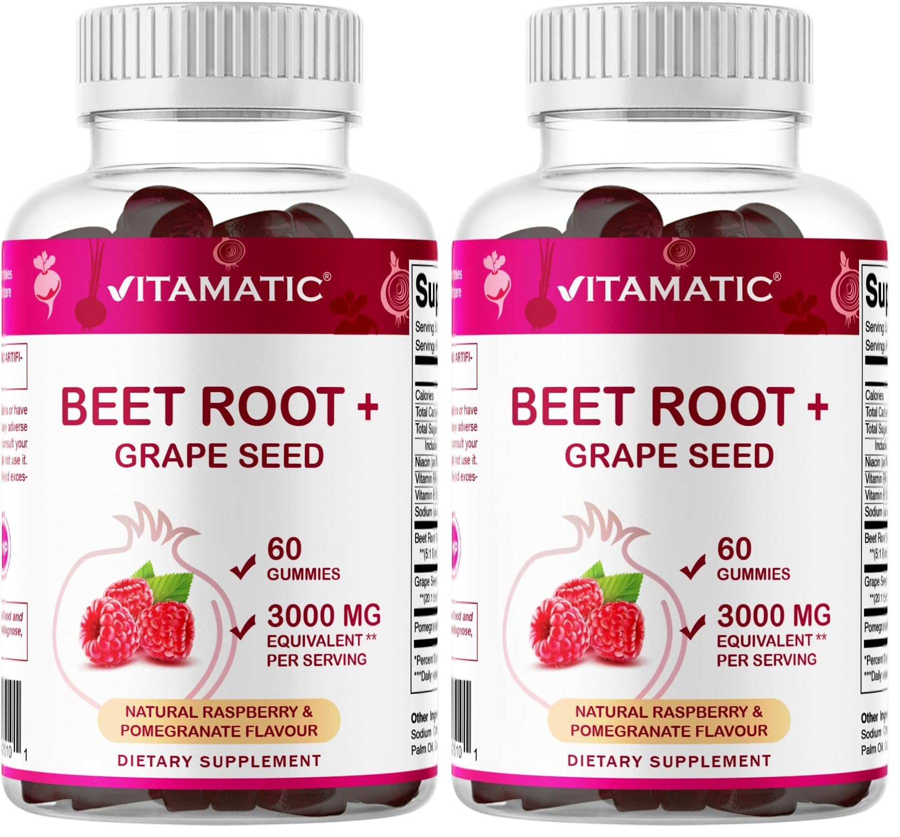 Vitamatic Beet Root Gummies - 3000mg Equivalent Per Serving - 60 Gummies - Made with Vitamin B6, B12, Grape Seed, Pomegranate & Nicotinamide
