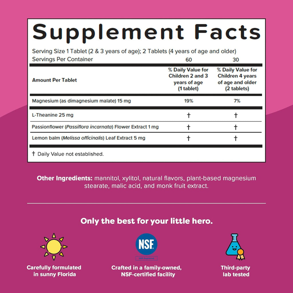 Renzo's Captain Calm Kids Magnesium Supplement with L-Theanine, Dissolvable Kids Vitamins for Relaxation and Mood Support, Sugar-Free Melty Tabs, Green Apple Flavor, 60-Count (1-2 Month Supply)