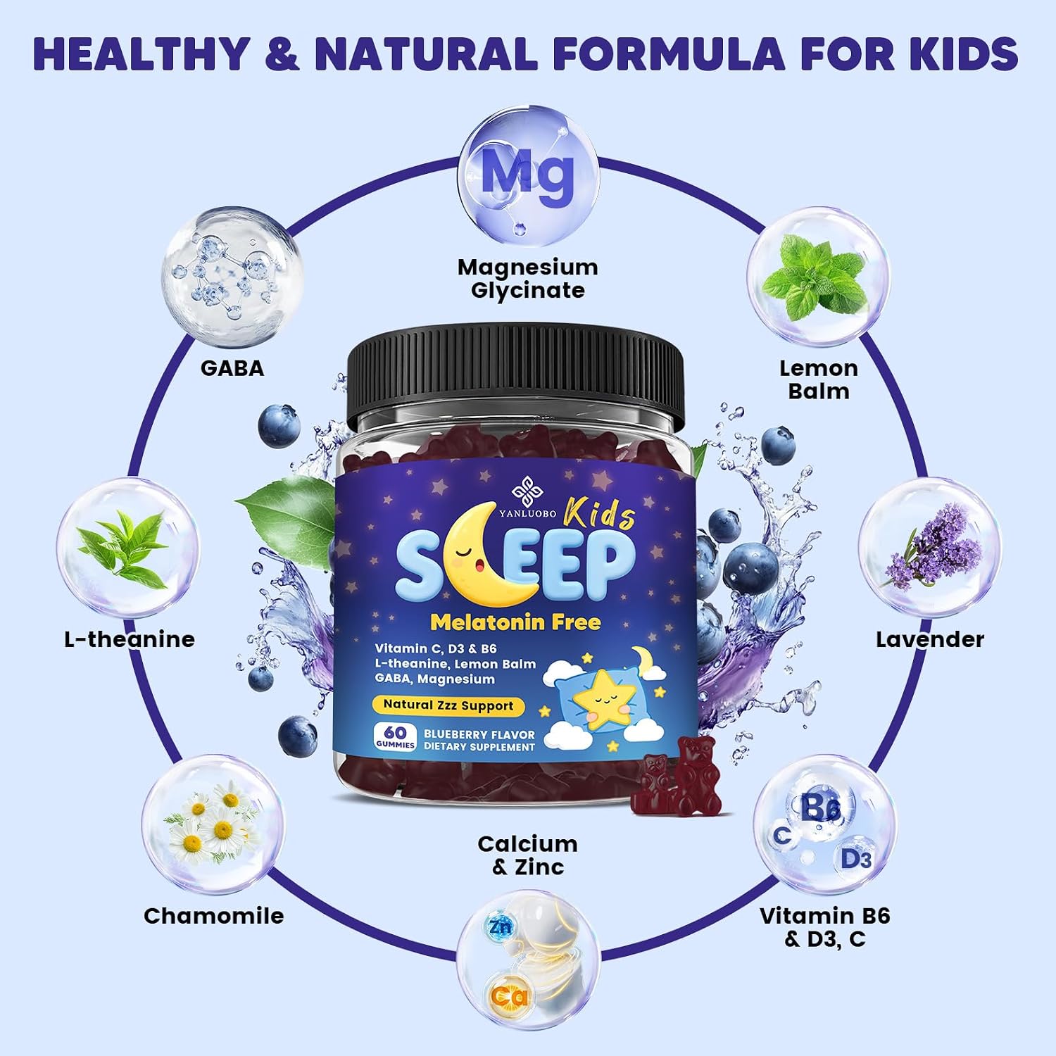 Kids Sleep Gummies - with Magnesium Glycinate, Lemon Balm, L-Theanine & GABA - Calming Relaxation, Support Natural Sleep, Quiet Mind - Berry Flavor, Non-Habit Forming