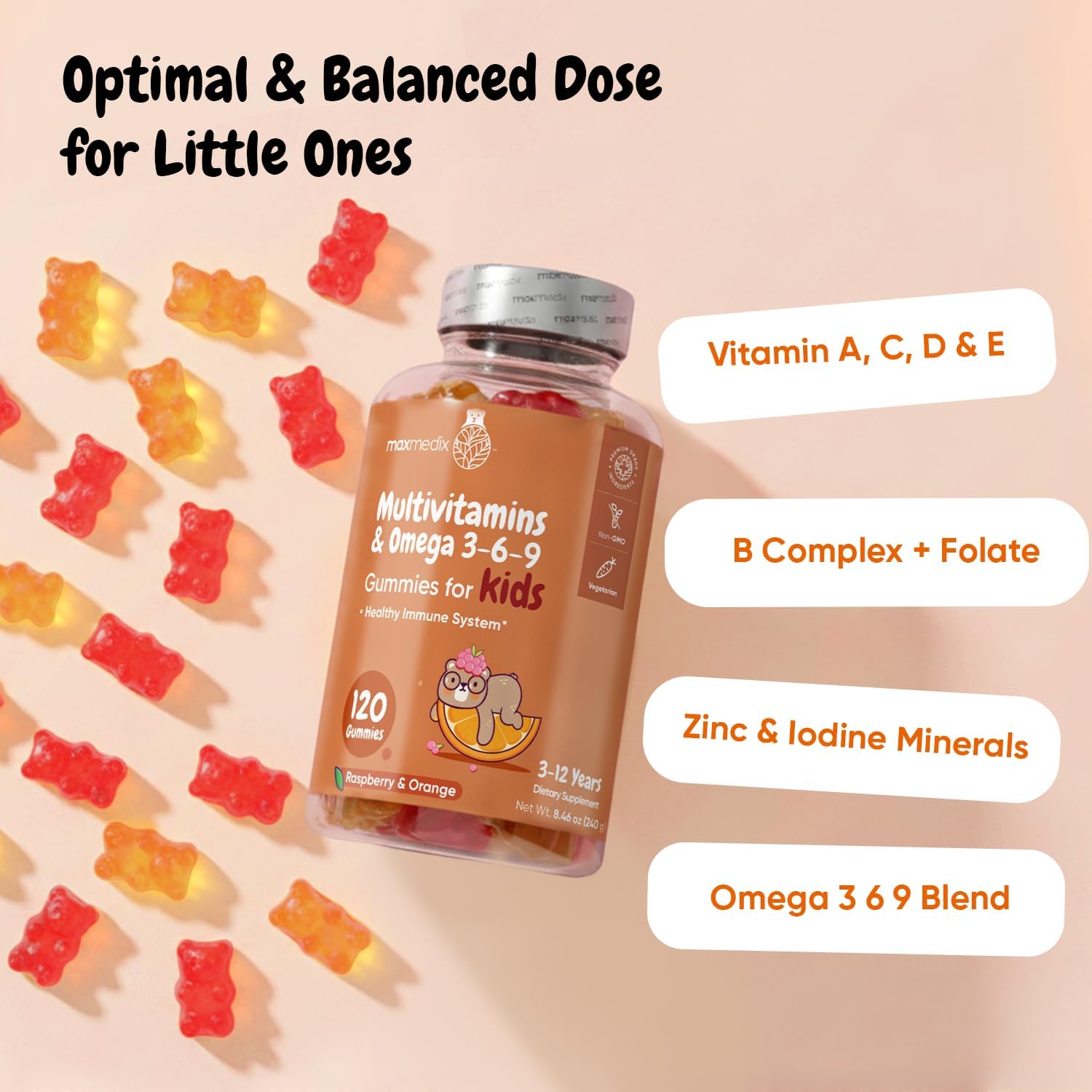 maxmedix Kids Multivitamin Gummies with Omega 3 6 9 | 20 Key Vitamins C, A, D, E, B12 & Zinc - Daily Multivitamin for kids Healthy Immune System, Raspberry & Orange Flavors, 2-Month Supply (120 Count)