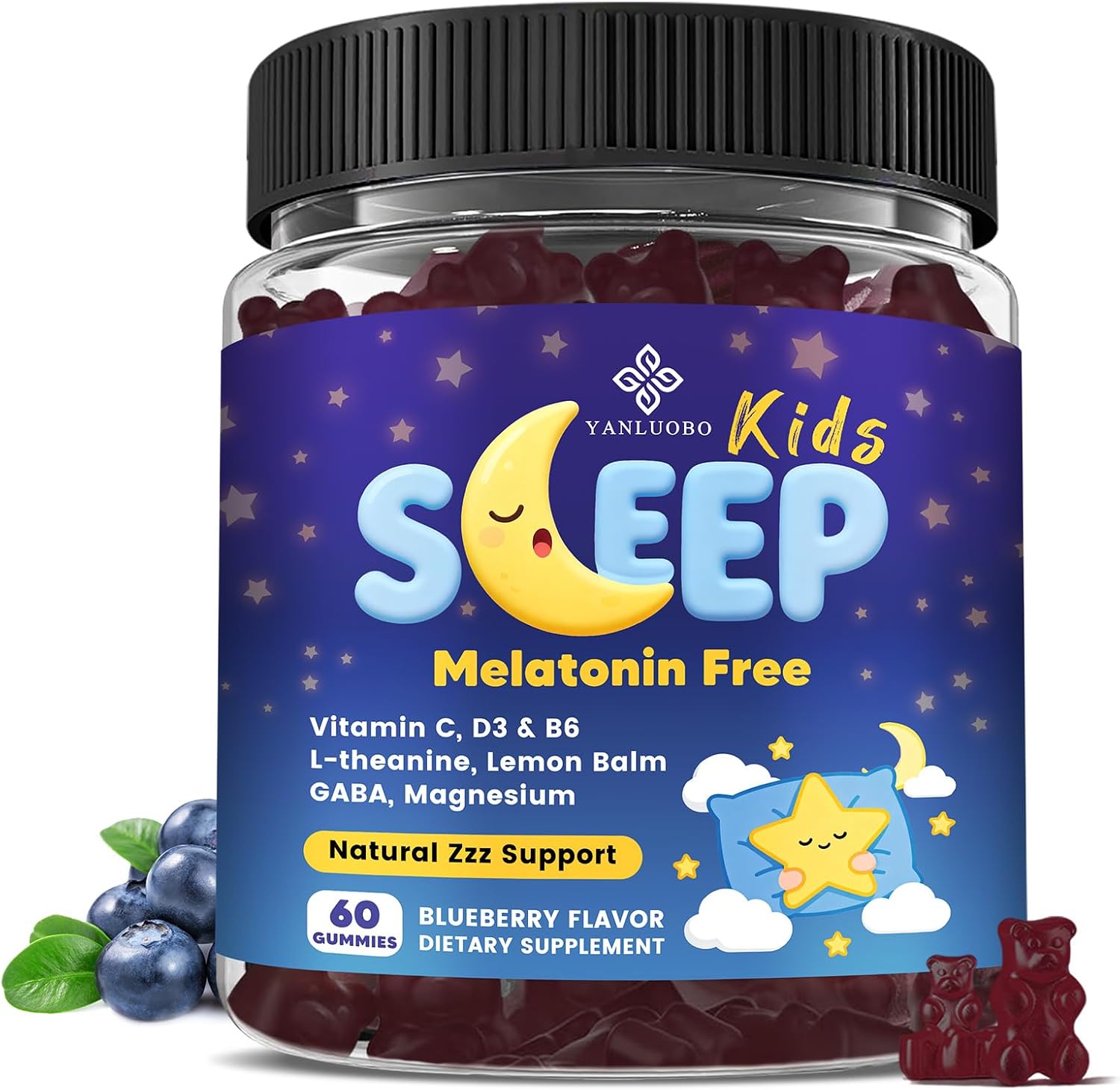 Kids Sleep Gummies - with Magnesium Glycinate, Lemon Balm, L-Theanine & GABA - Calming Relaxation, Support Natural Sleep, Quiet Mind - Berry Flavor, Non-Habit Forming