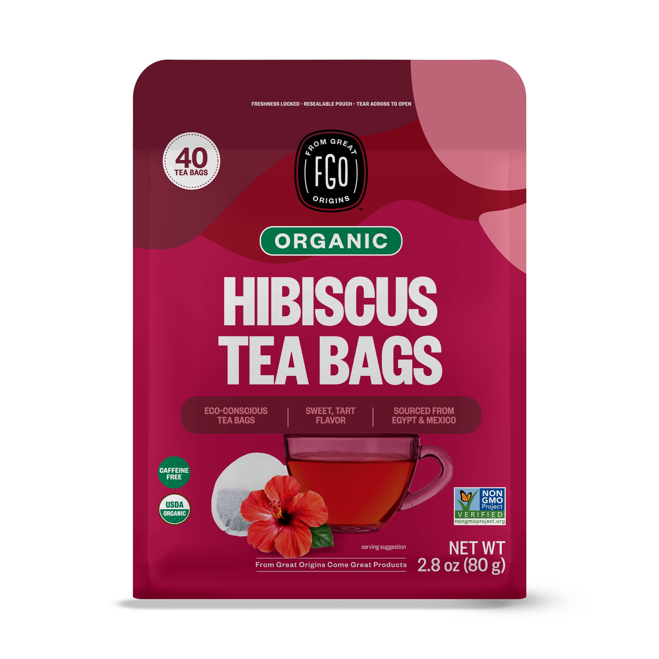 FGO Organic Hibiscus Tea, 100 Count, Eco-Conscious Tea Bags, Caffeine Free, Packaging May Vary (Pack of 1)