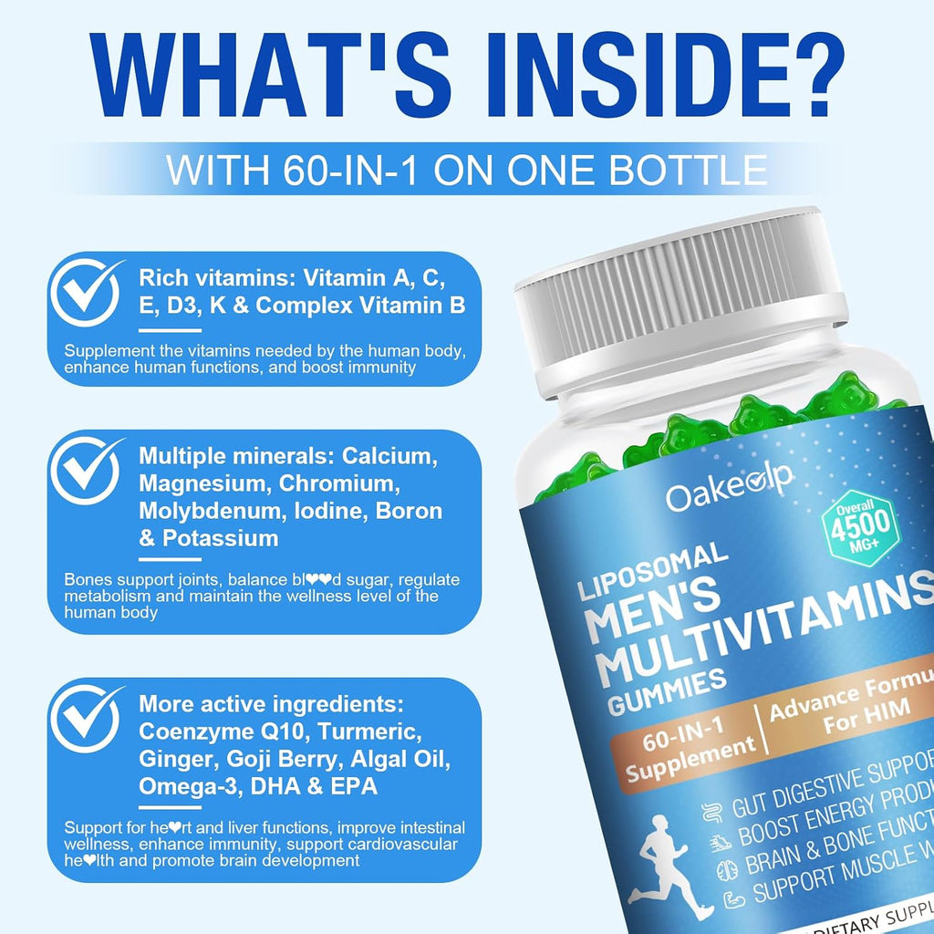 2 Pack 60-IN-1 Liposomal Methylated Multivitamin Gummy for Men Overall 4500MG+,Vitamin A C D3 K E B Complex ,Probiotics,Omega 3,CoQ10,Zinc,120+ Nutrients,for Immune,Heart and Digestive Wellness