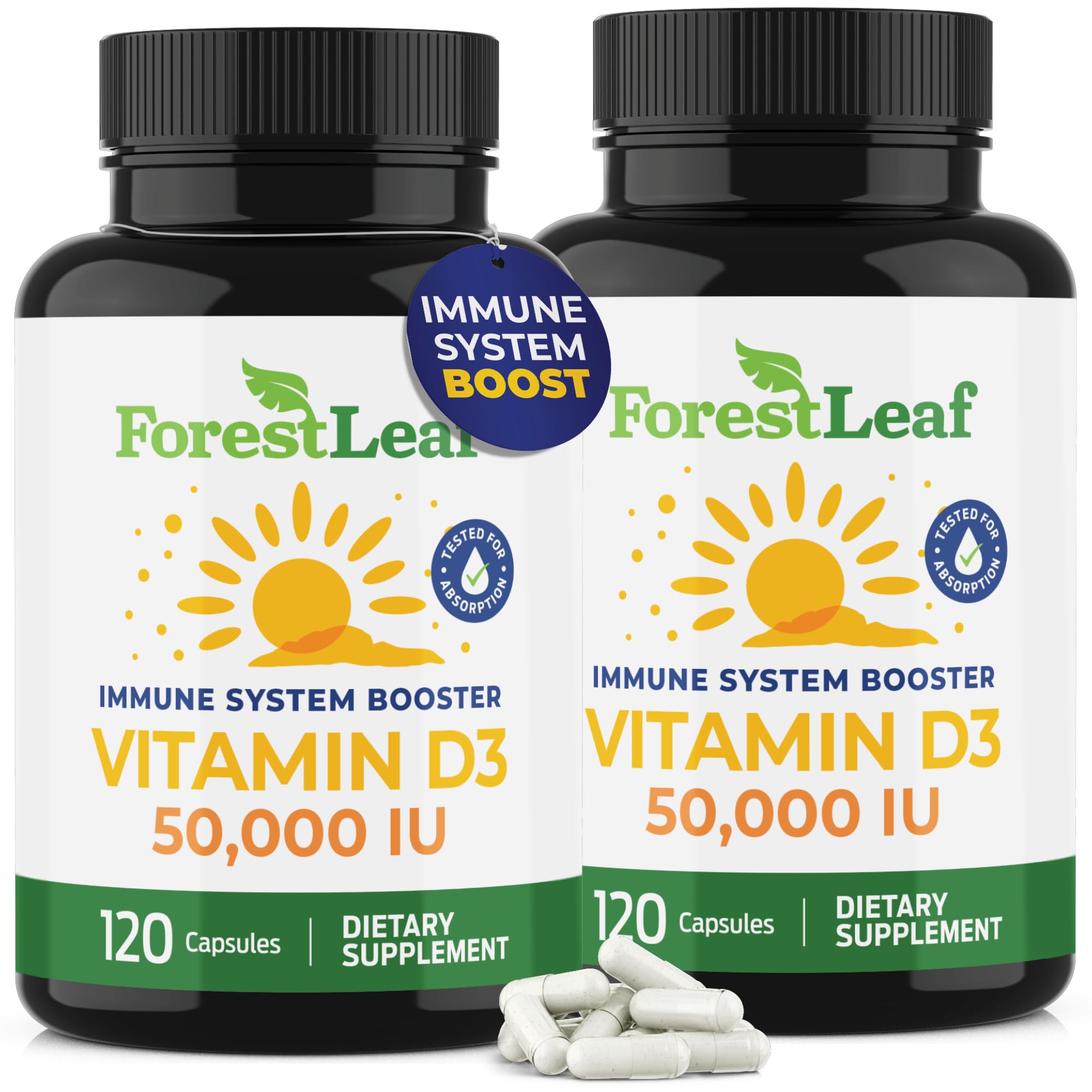 ForestLeaf Vitamin D3 50,000 IU | VIT D - Kosher VIT D3 Vitamin D Supplement for Women and Men | Bone Health, Teeth, Immune Support | Weekly Dose, 2-Year Supply, 120 Caps