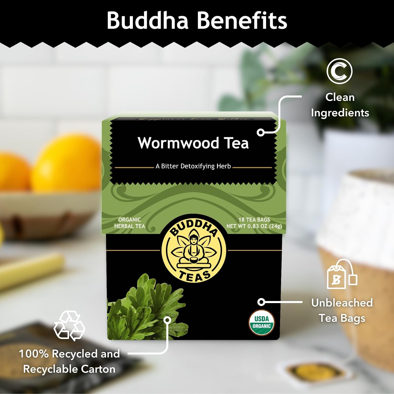 Buddha Teas - Organic Wormwood Tea - Herbal Tea - For Health & Wellbeing - With Antioxidants & Minerals - Clean Ingredients - Caffeine Free - OU Kosher & Non-GMO - 18 Tea Bags (Pack of 1)