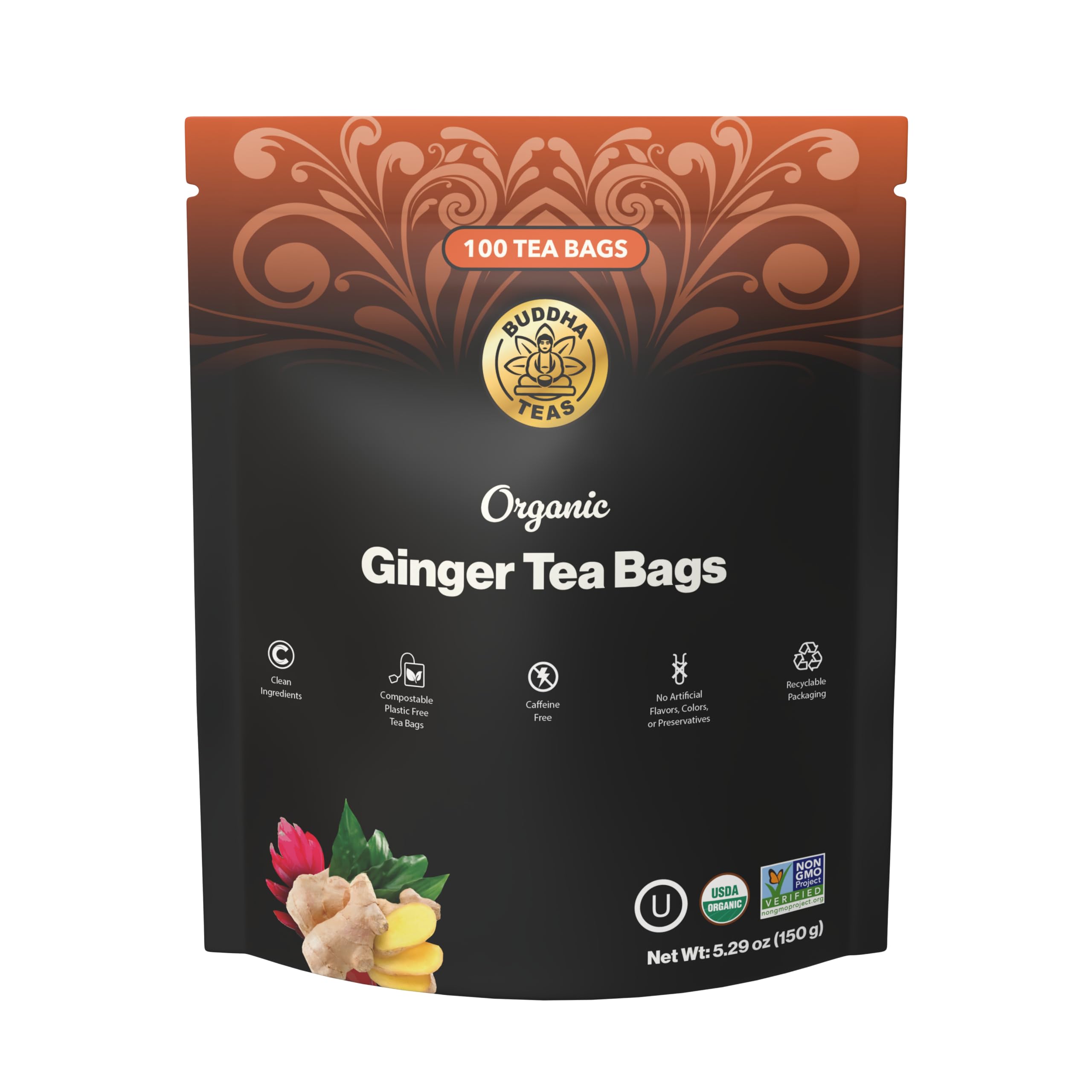 Buddha Teas - Organic Turmeric Ginger Tea - Herbal Tea - Earthy, Mildly Spicy Taste & Sweet Undertones - Enjoy Hot or Cold - Caffeine Free - 100% Kosher & Non-GMO - 18 Tea Bags (Pack of 1)