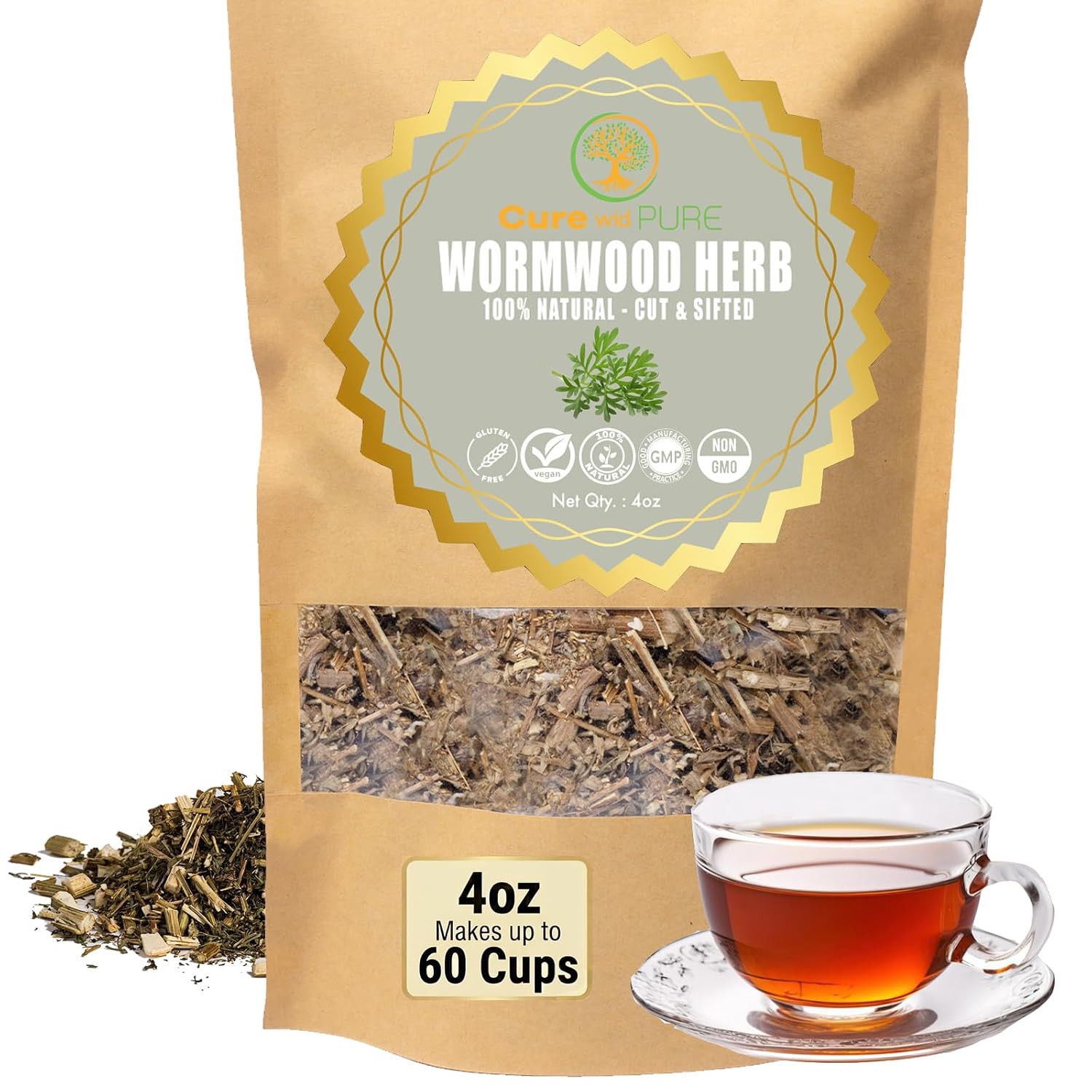 Cure wid Pure Organic Wormwood Herb Dried Cut & Sifted 4oz/114g - Artemisia Absinthium - Non-GMO,Preservative & Additives Free Wormwood Tea In Eco Friendly Resealable Pouch Traditional Herbal Remedy