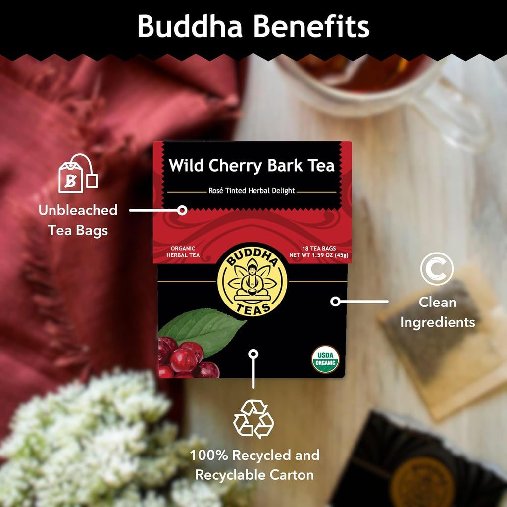 Buddha Teas - Organic Wild Cherry Bark Tea - Herbal Tea - For Health & Wellbeing - Supports Respiratory & Digestive Health - Clean Ingredients - Caffeine Free - OU Kosher - 18 Tea Bags (Pack of 1)