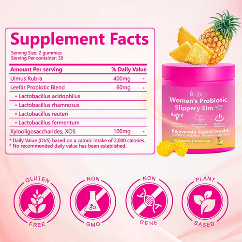 Feminine Probiotics Gummies, Slippery Elm for Women, Vaginal Health Supplement for pH Balance, Odor Control, Yeast Balance, Flora Immune Support, Suagr-Free, Veagn, Pineapple Flavor, 60 Count