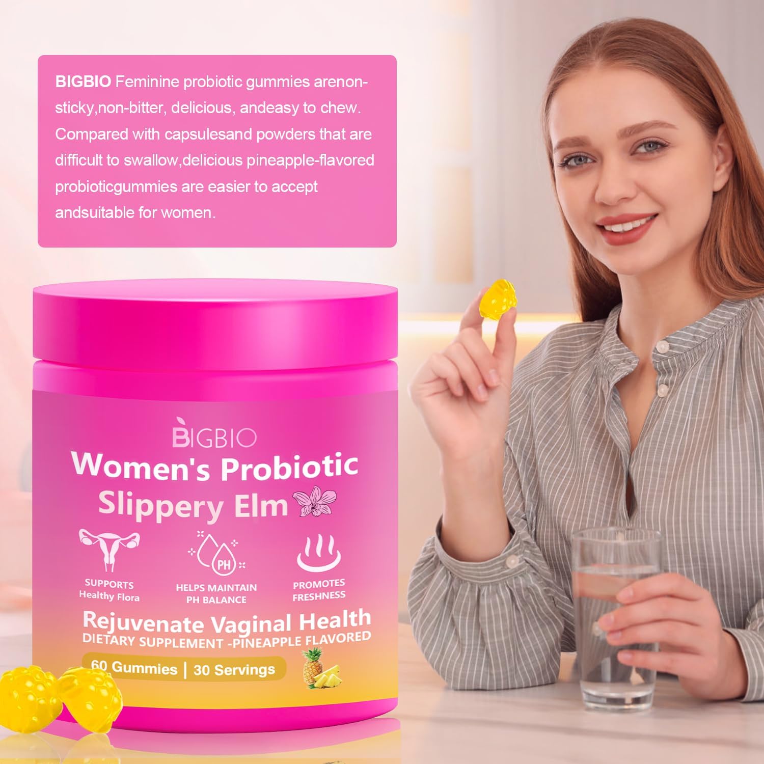 Feminine Probiotics Gummies, Slippery Elm for Women, Vaginal Health Supplement for pH Balance, Odor Control, Yeast Balance, Flora Immune Support, Suagr-Free, Veagn, Pineapple Flavor, 60 Count