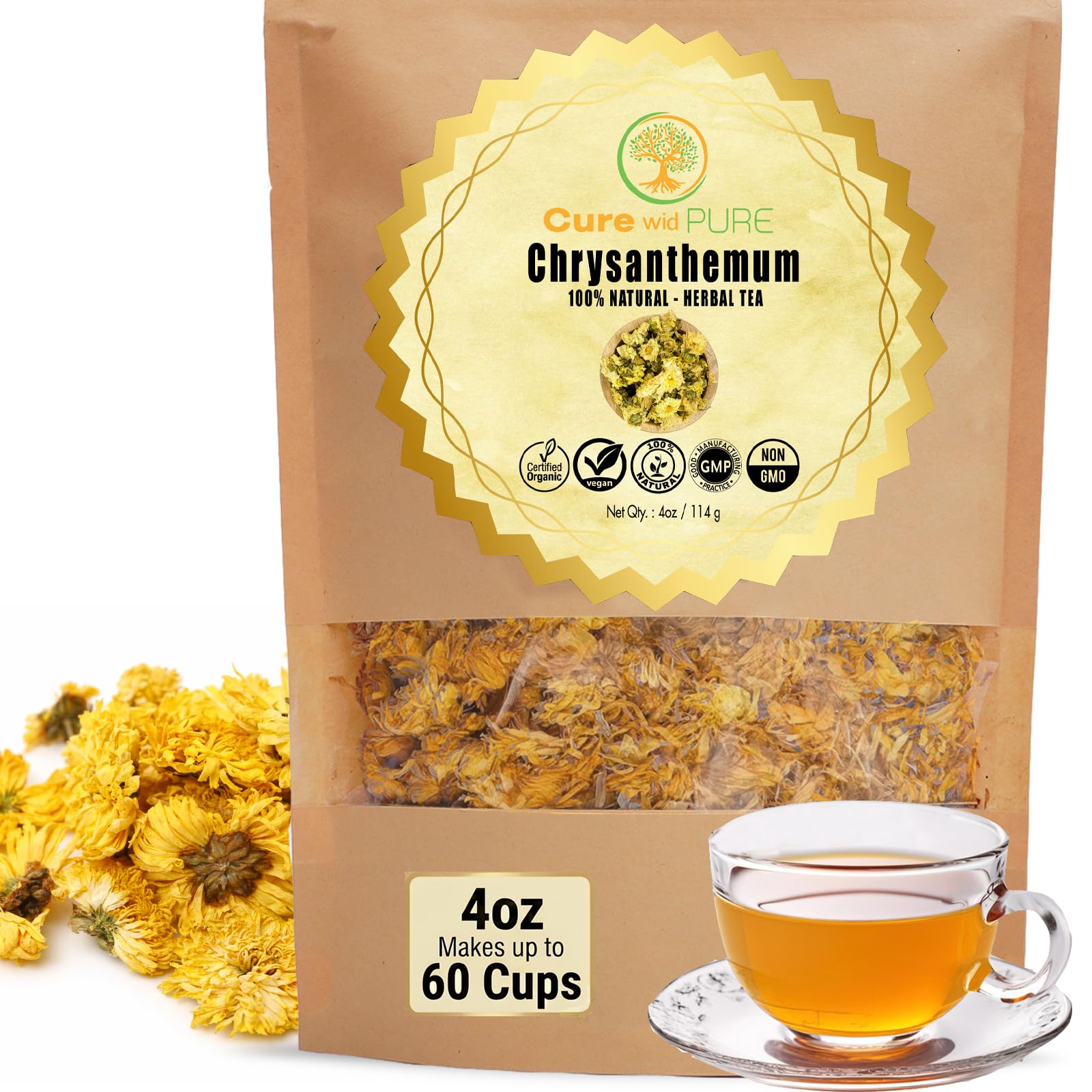 Cure wid Pure Organic Wormwood Herb Dried Cut & Sifted 4oz/114g - Artemisia Absinthium - Non-GMO,Preservative & Additives Free Wormwood Tea In Eco Friendly Resealable Pouch Traditional Herbal Remedy