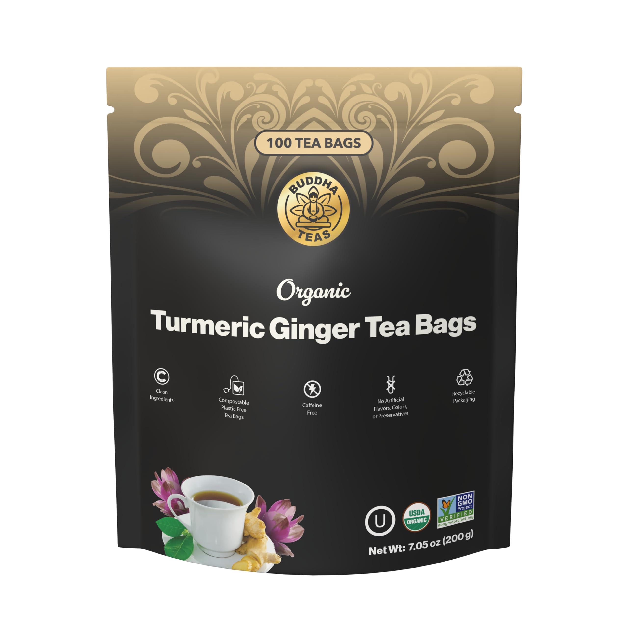 Buddha Teas - Organic Turmeric Ginger Tea - Herbal Tea - Earthy, Mildly Spicy Taste & Sweet Undertones - Enjoy Hot or Cold - Caffeine Free - 100% Kosher & Non-GMO - 18 Tea Bags (Pack of 1)