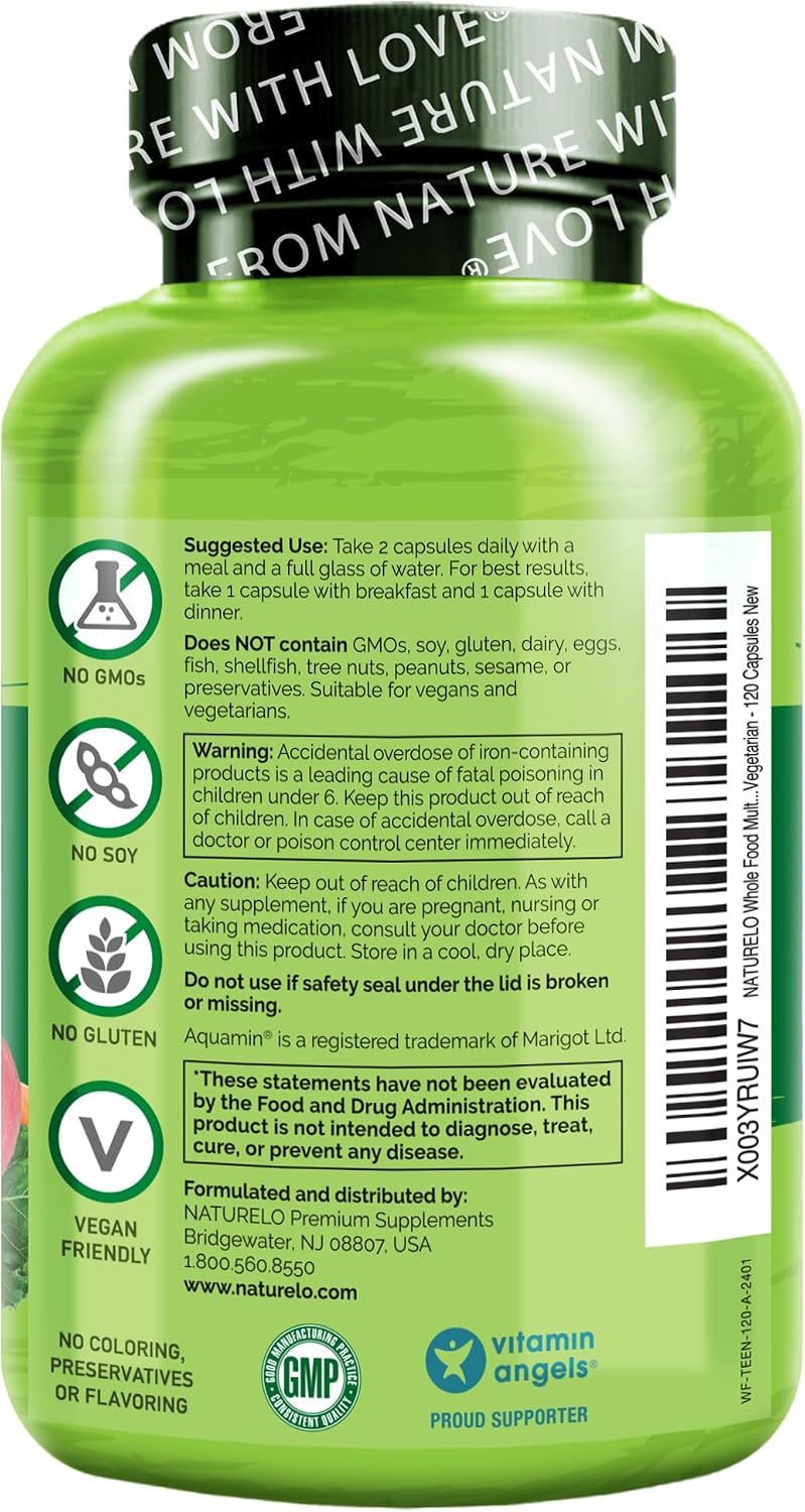 NATURELO Multivitamins for Teenage Girls/Boys, 120 Capsules, Whole Food Multivitamin with Minerals, Non-GMO, Vegetarian