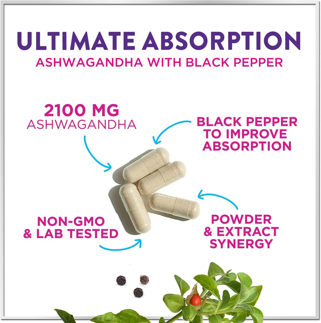 Ashwagandha Supplements for Women - Max Absorption with Black Pepper Extract 4:1 - Extra Strength Ashwagandha Capsules with Plant Powder & Root Extract - Non-GMO, USA Bottled - 120 Vegetarian Capsules