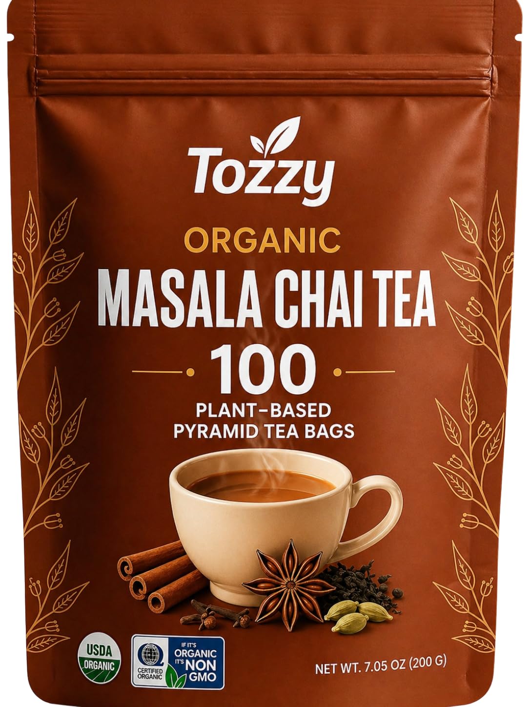 Tozzy Organic Turmeric,Ginger & Cinnamon Tea – 100 Count, Plant-Based Pyramid Tea Bags – Packaging May Vary