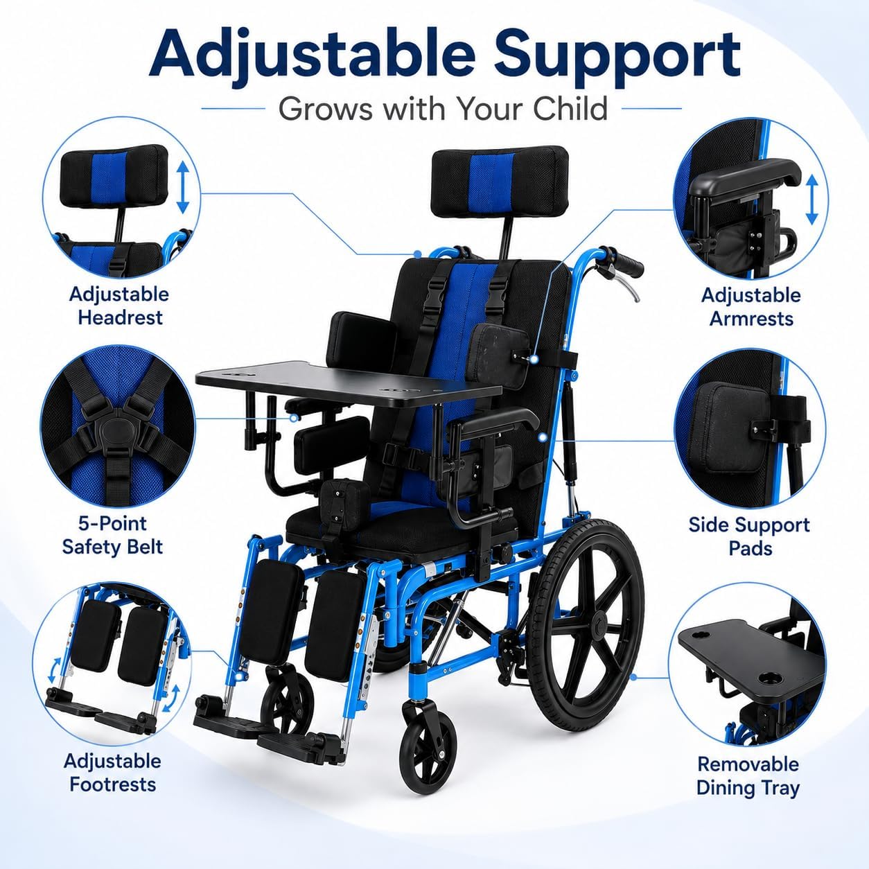 Full Reclining Pediatric Wheelchair – Heavy Duty Folding Kids Wheelchair with Headrest, Meal Tray & Elevating Footrest, Medical Mobility Chair for Home, Travel & Rehabilitation (Blue)