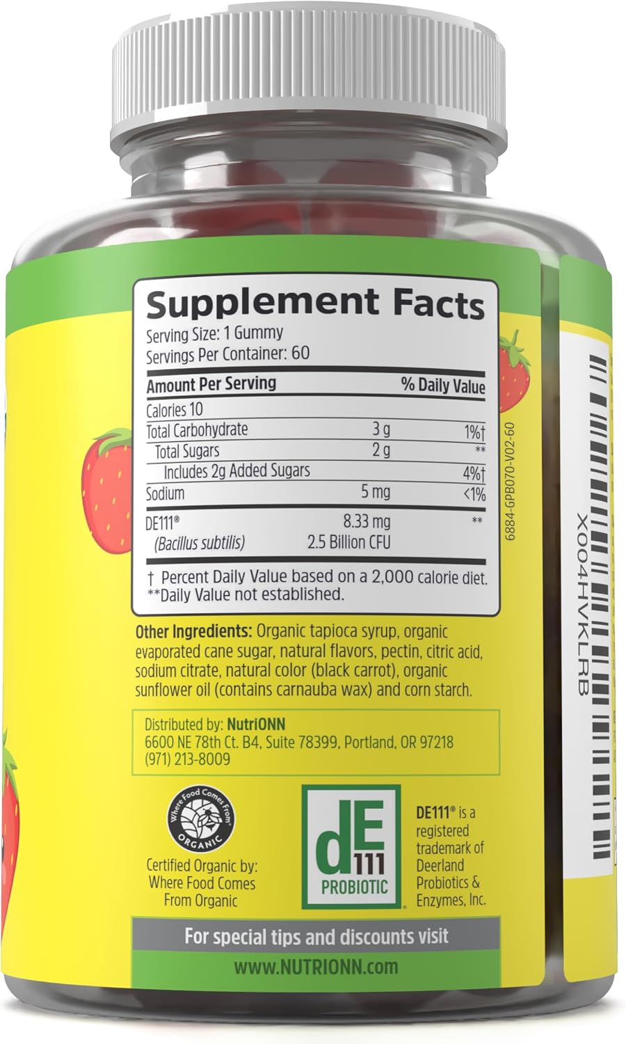 NutriONN Organic Kids Probiotic Gummies - USDA Organic Chewable Probiotics for Kids - 60 Delicious Gummies - Child Digestive, Immune Support & Gut Health Supplement - Vegan & Non-GMO