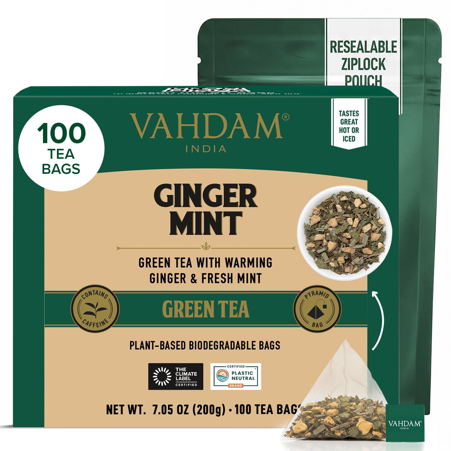 VAHDAM, Turmeric Moringa Tea Bags (100 Herbal Tea Bags) Caffeine Free, Non GMO | 100% Pure Herbal Blend - Sweet & Earthy | Resealable Ziplock Pouch