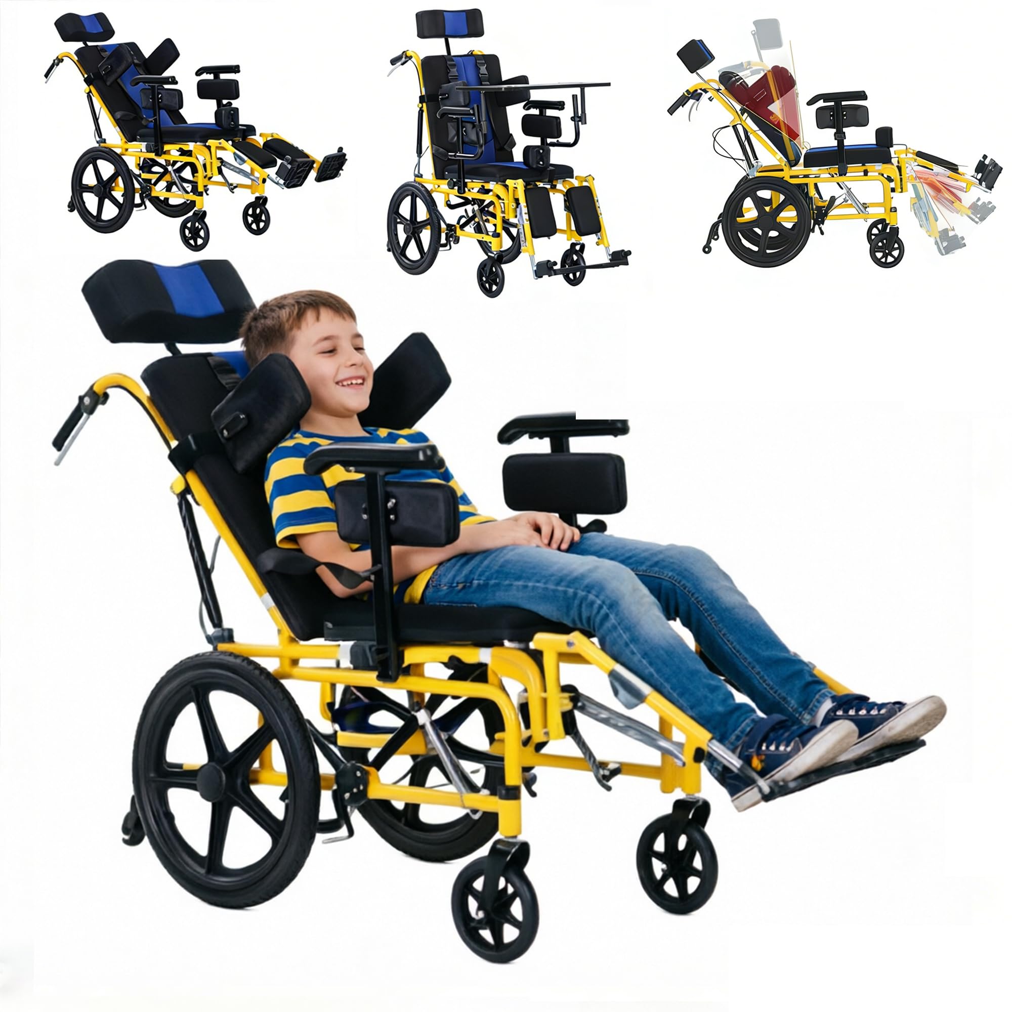 Full Reclining Pediatric Wheelchair – Heavy Duty Folding Kids Wheelchair with Headrest, Meal Tray & Elevating Footrest, Medical Mobility Chair for Home, Travel & Rehabilitation (Blue)