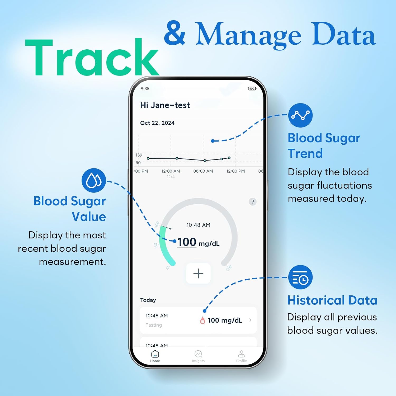 Easy@Home Wireless Glucose Monitor Kit - Blood Sugar Testing Kit with Free App GlucoseEase Includes 100 Glucometer Strips and 100 Blood Lancets, Large Display Diabetes Testing Kit