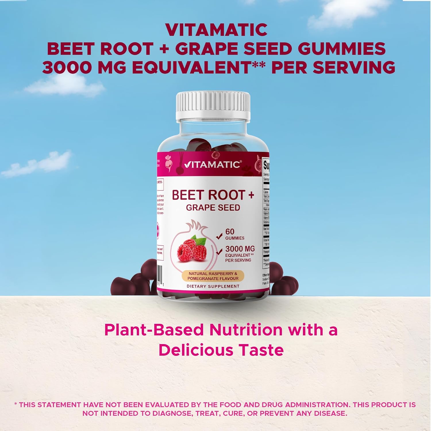 Vitamatic Beet Root Gummies - 3000mg Equivalent Per Serving - 60 Gummies - Made with Vitamin B6, B12, Grape Seed, Pomegranate & Nicotinamide