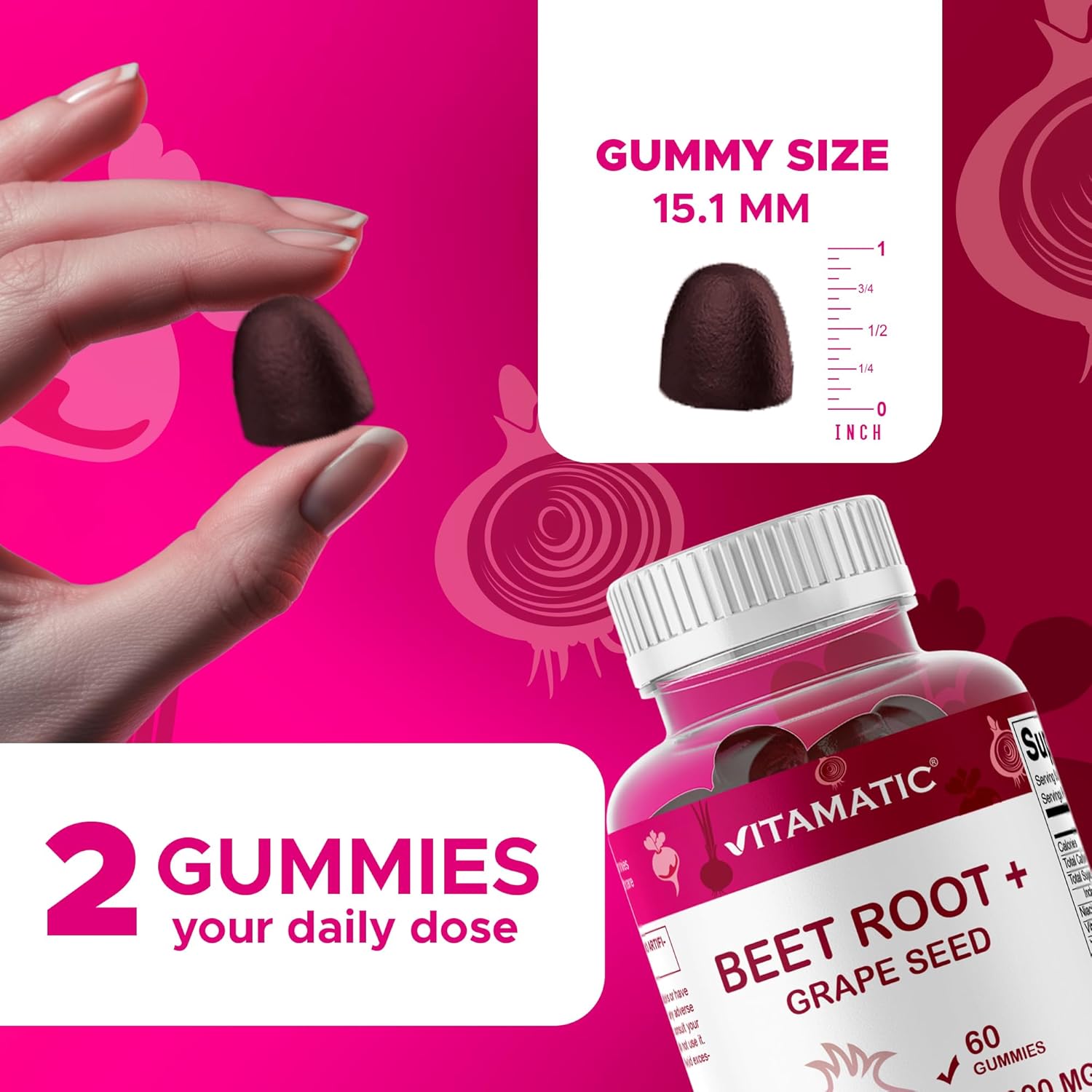 Vitamatic Beet Root Gummies - 3000mg Equivalent Per Serving - 60 Gummies - Made with Vitamin B6, B12, Grape Seed, Pomegranate & Nicotinamide