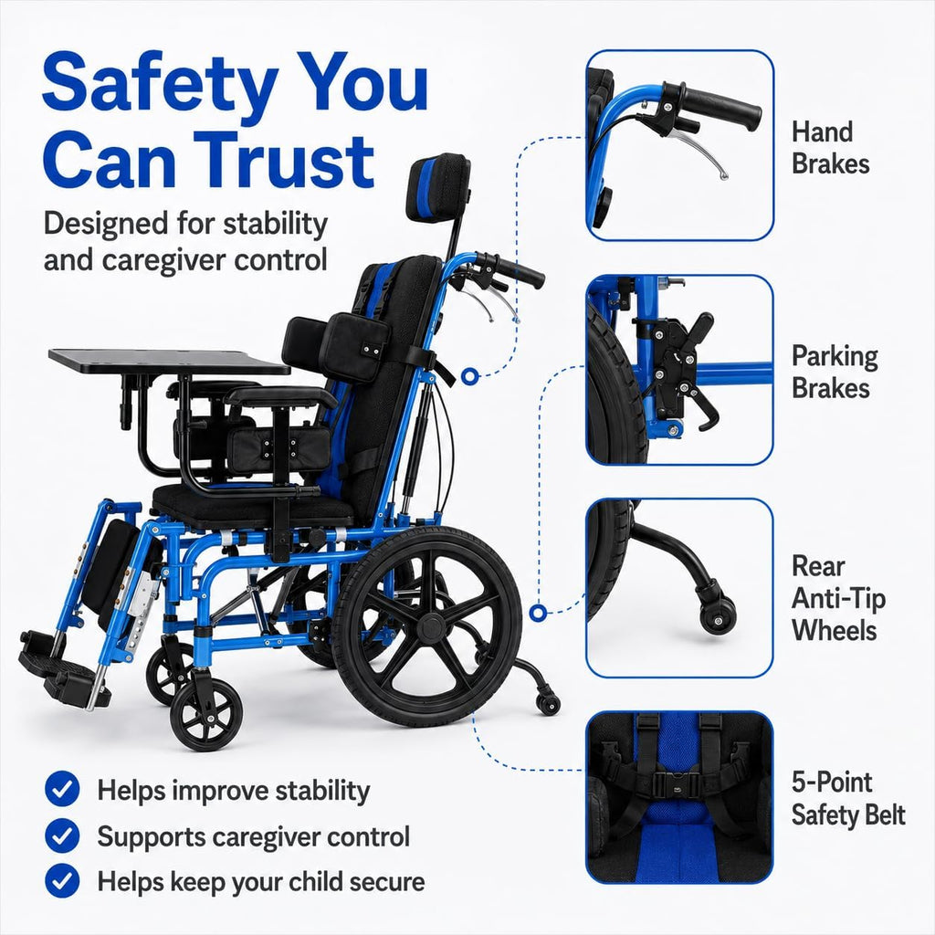 Full Reclining Pediatric Wheelchair – Heavy Duty Folding Kids Wheelchair with Headrest, Meal Tray & Elevating Footrest, Medical Mobility Chair for Home, Travel & Rehabilitation (Blue)