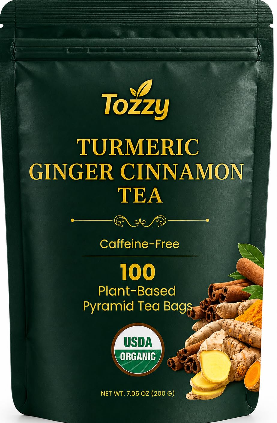 Tozzy Organic Turmeric,Ginger & Cinnamon Tea – 100 Count, Plant-Based Pyramid Tea Bags – Packaging May Vary