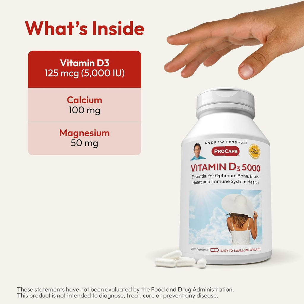 Andrew Lessman Vitamin D3 5000 IU 150 Capsules - High Potency, Essential for Calcium Absorption, Supports Bone Health, Brain Health, Immune System, More. Small Easy to Swallow Capsules
