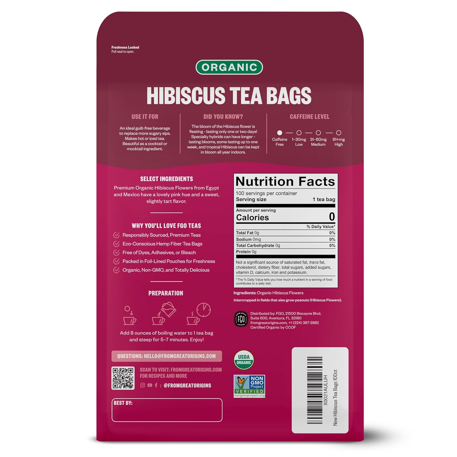 FGO Organic Hibiscus Tea, 100 Count, Eco-Conscious Tea Bags, Caffeine Free, Packaging May Vary (Pack of 1)