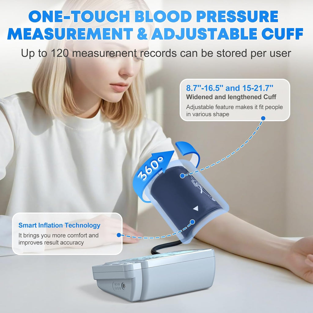 Double love Blood Pressure Monitors for Home Use with 2 Size Cuff(8.7-16.5'' & 15-21.7'' Extra Large Blood Pressure Cuff), 2x120 Memory, with USB Cable and 4 aa Batteries(Blue)